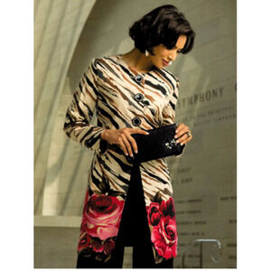 Harold's Silk‎ Blend Zebra Roses Jacket Duster Rhinestone Button NWT Mob Wife